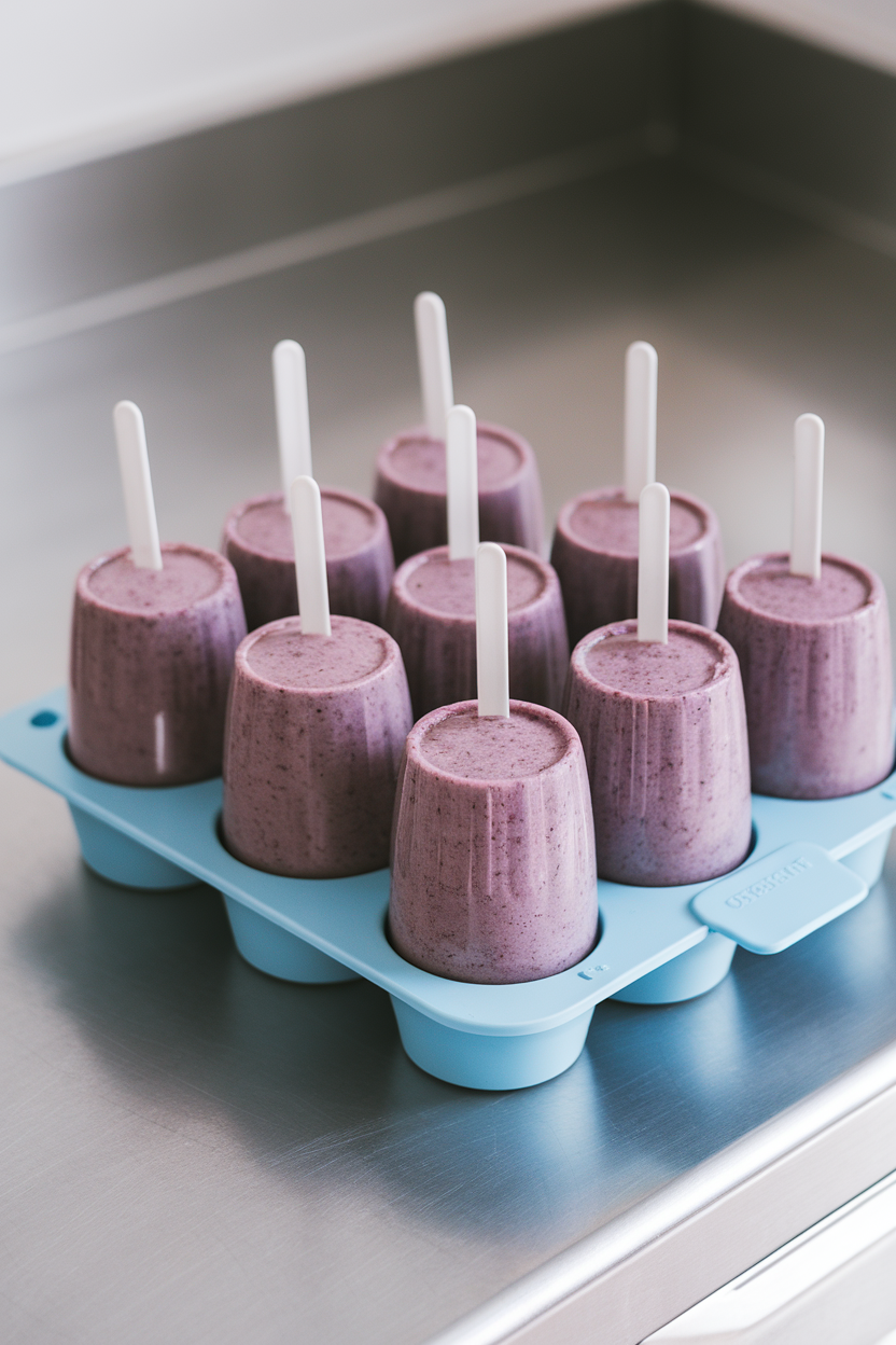 A tray of reusable pop molds on an indoor countertop filled with purple berry oatmeal smoothie mixture, lids snapped on. No text or logos.