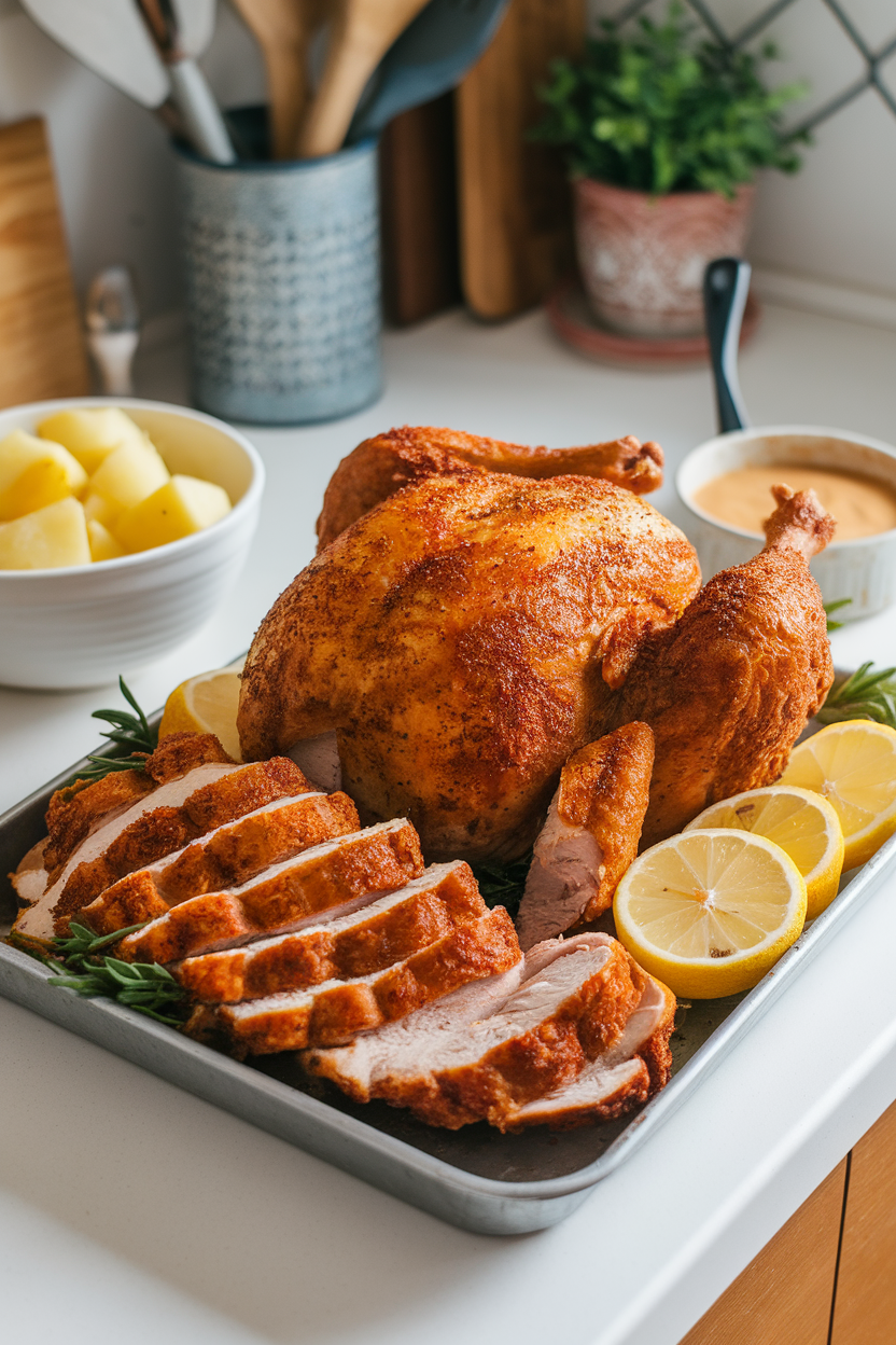 Indoor kitchen counter with carved pieces of crispy deep-fried turkey dusted with Cajun spices on a metal tray; no text or logos.