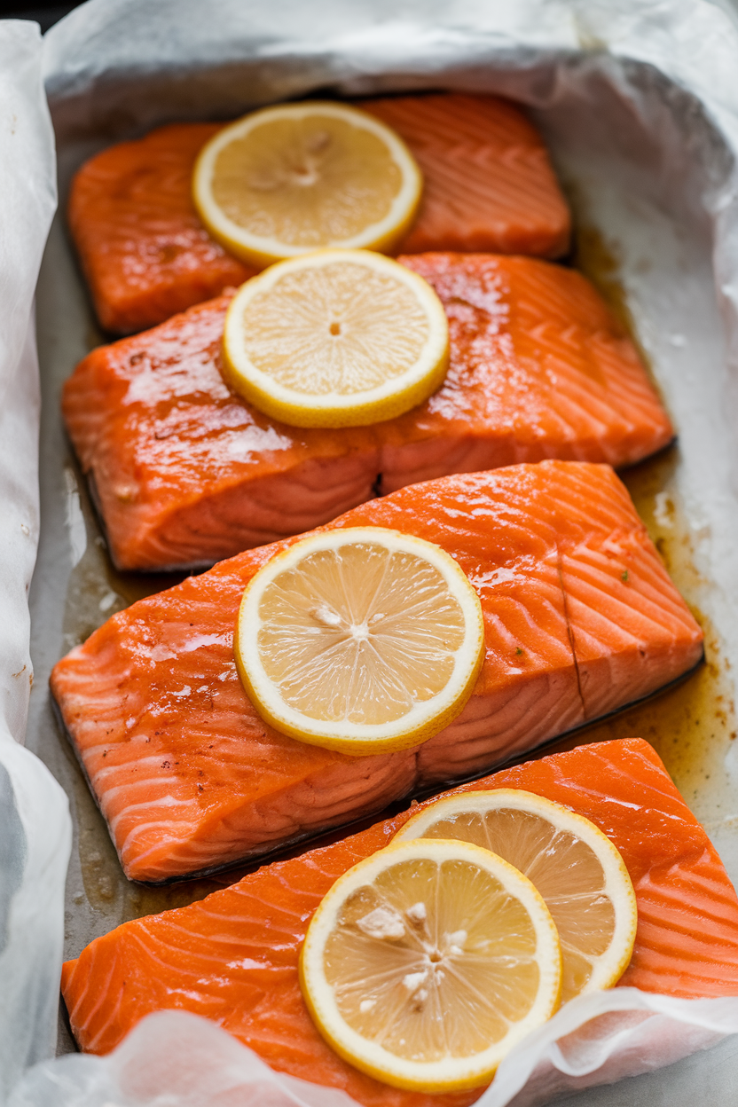 Photo of cooked salmon fillets topped with a glossy honey-garlic glaze and lemon slices in parchment, on an indoor counter. No text or logos. Photo, not illustration.