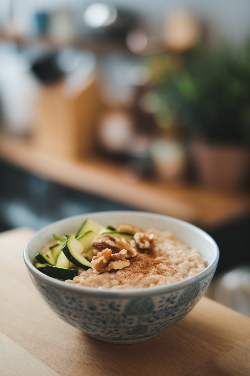 Indoor countertop featuring oatmeal speckled with green zucchini shreds, topped with walnut pieces and cinnamon. No text or logos. Photo.