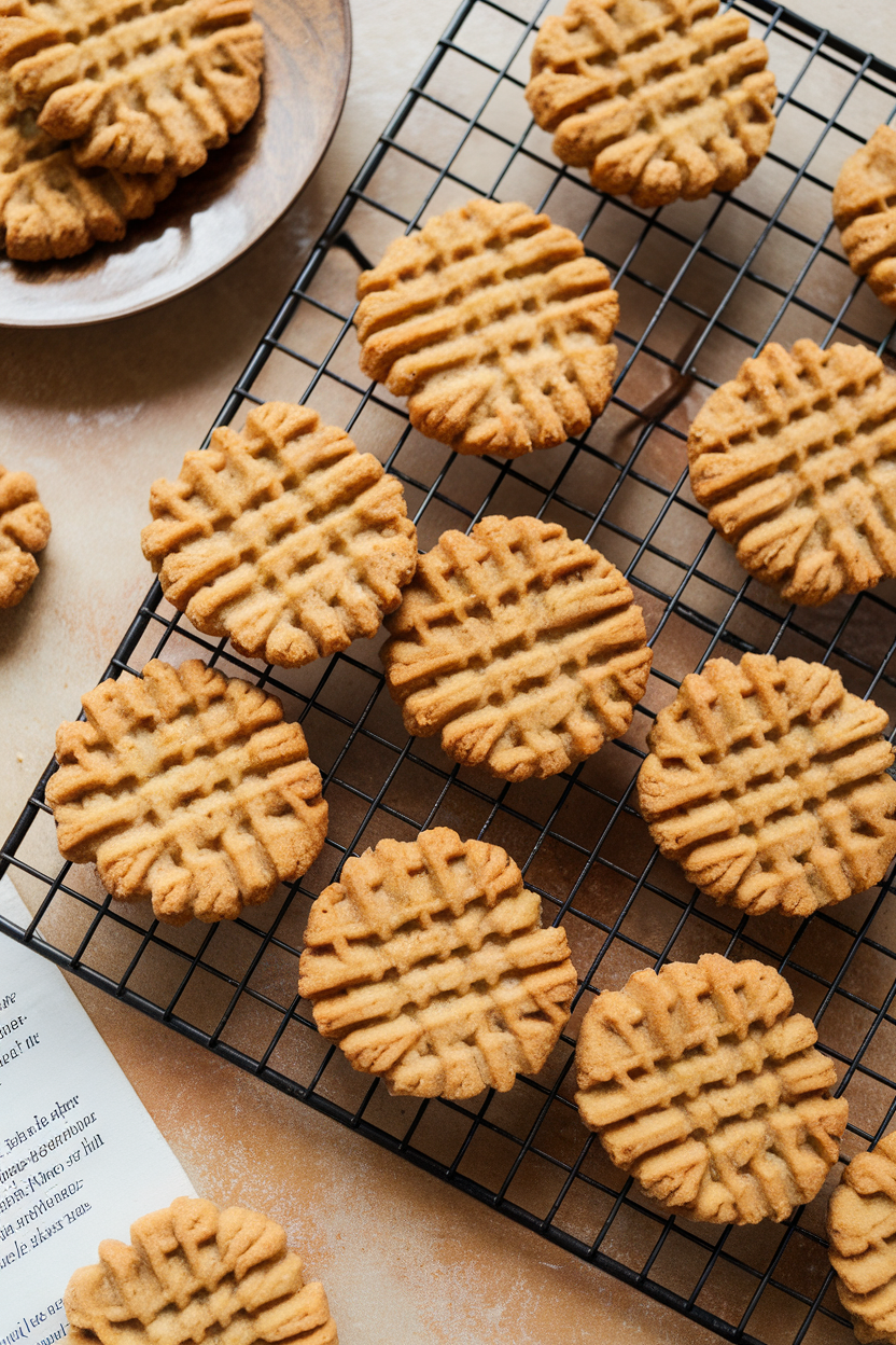 Photo prompt: Soft peanut butter cookies made with sourdough discard on a cooling rack indoors, no logos.