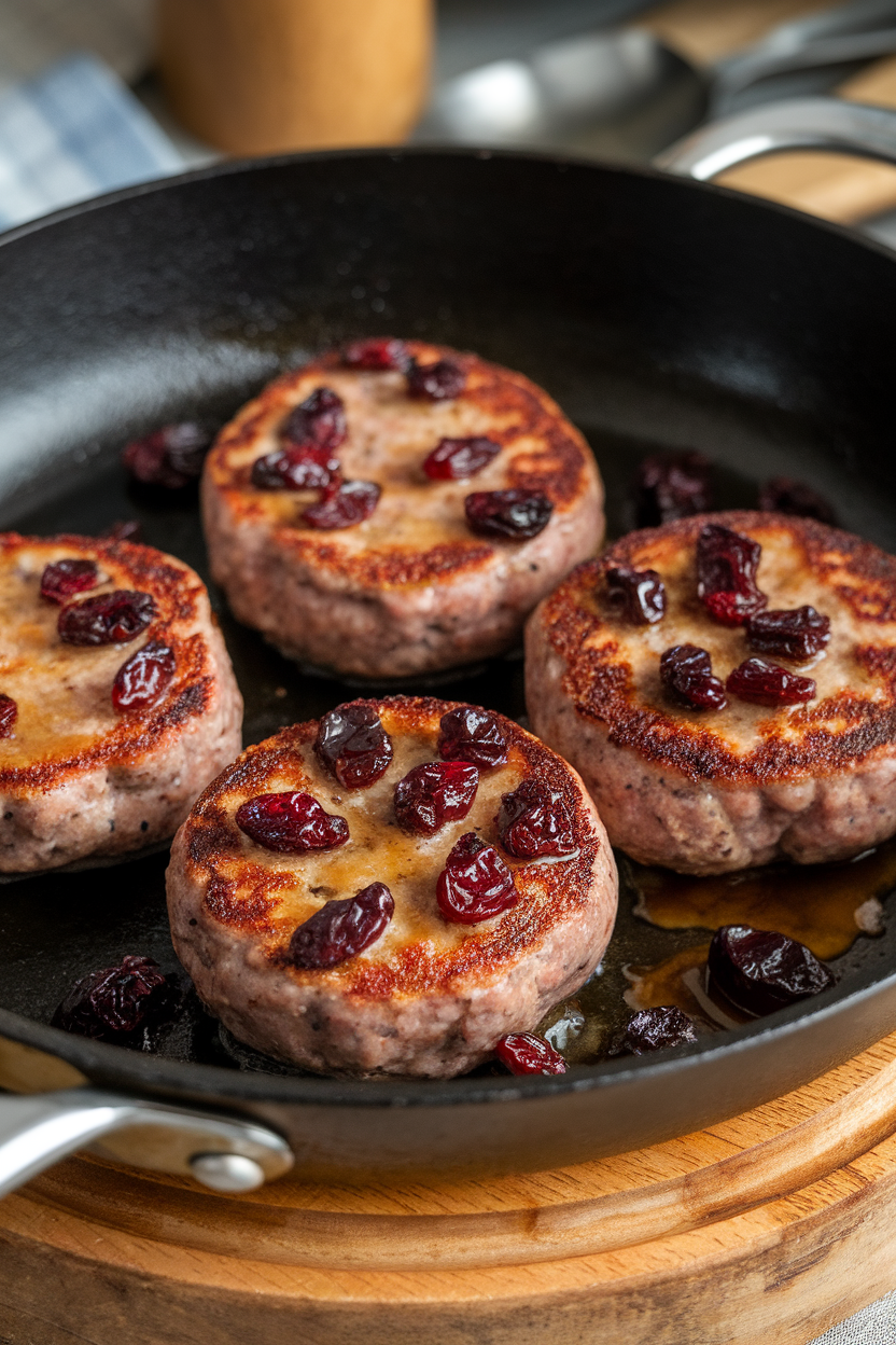 Indoor skillet with seared homemade sausage patties studded with dried cranberries, maple glaze caramelizing, no brand names or text.