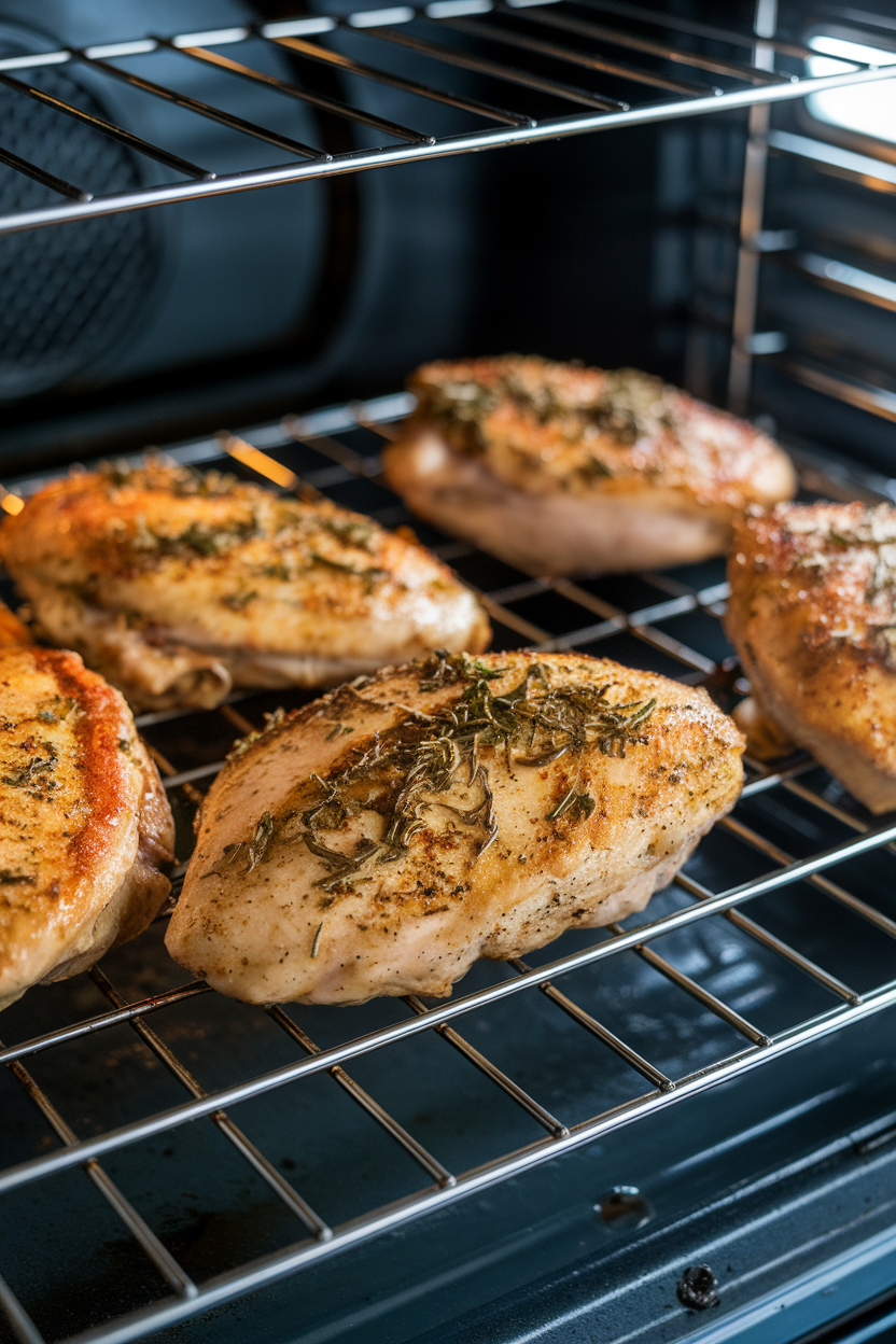 A baking rack holding herb-seasoned chicken breasts inside an oven, golden and sizzling; no text or logos; photo