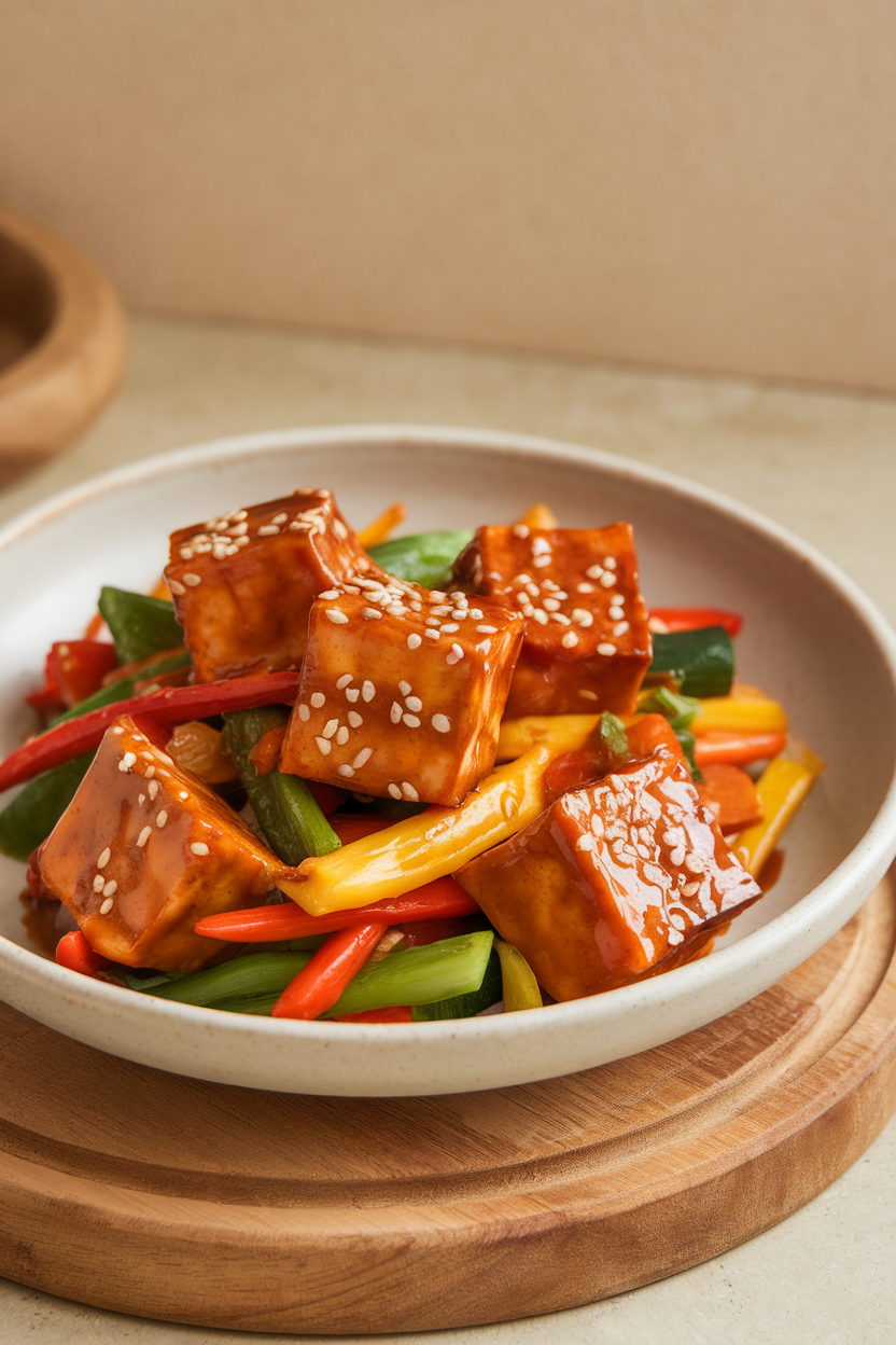Indoor photo of glazed tofu cubes and colorful stir-fried vegetables in a light teriyaki sauce, sesame seeds sprinkled on top. No logos or text.
