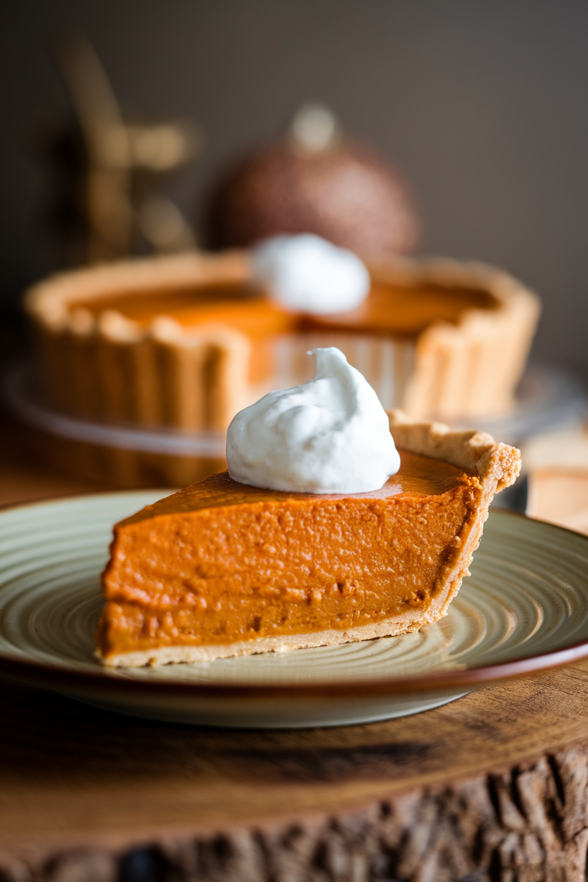 A slice of pumpkin pie with a dollop of Greek yogurt instead of whipped cream, photographed indoors on a dessert plate. No text or logos.