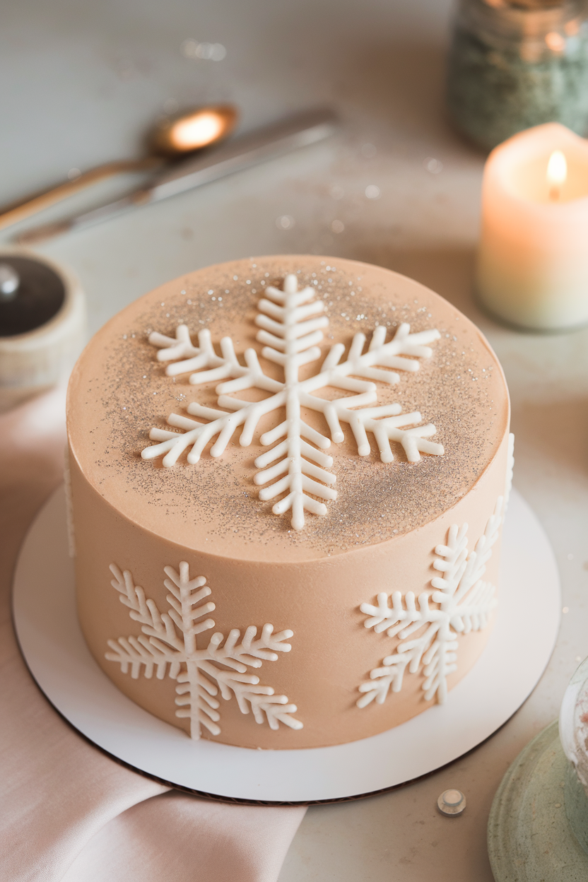 Soft indoor scene of a pale tan cake topped with intricately piped white royal-icing snowflakes, dusted with edible silver glitter. No text or logos visible.