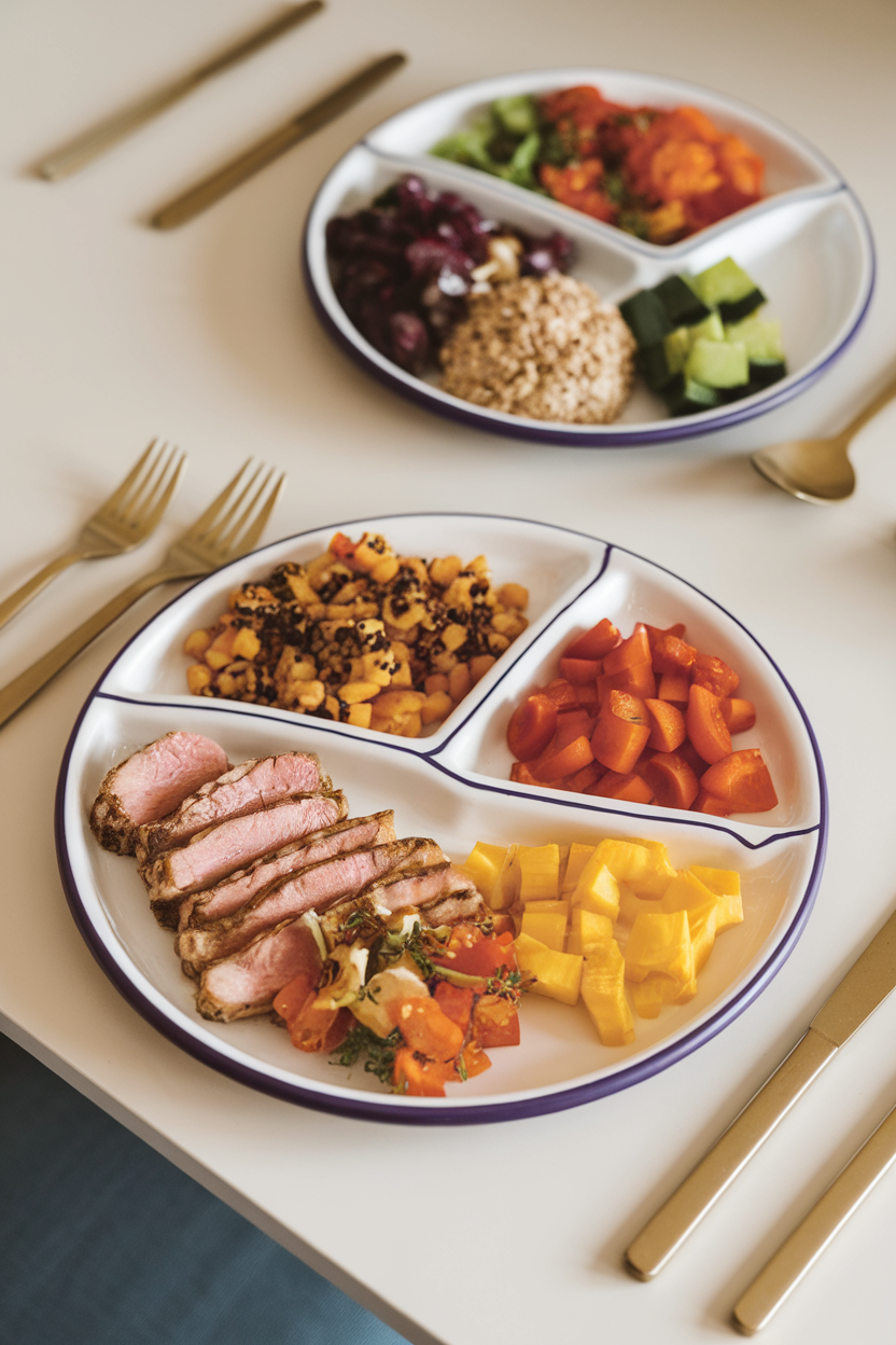 Indoor table setting with a porcelain plate subtly divided into sections by color, holding balanced portions of protein, grains, and veggies; no logos.