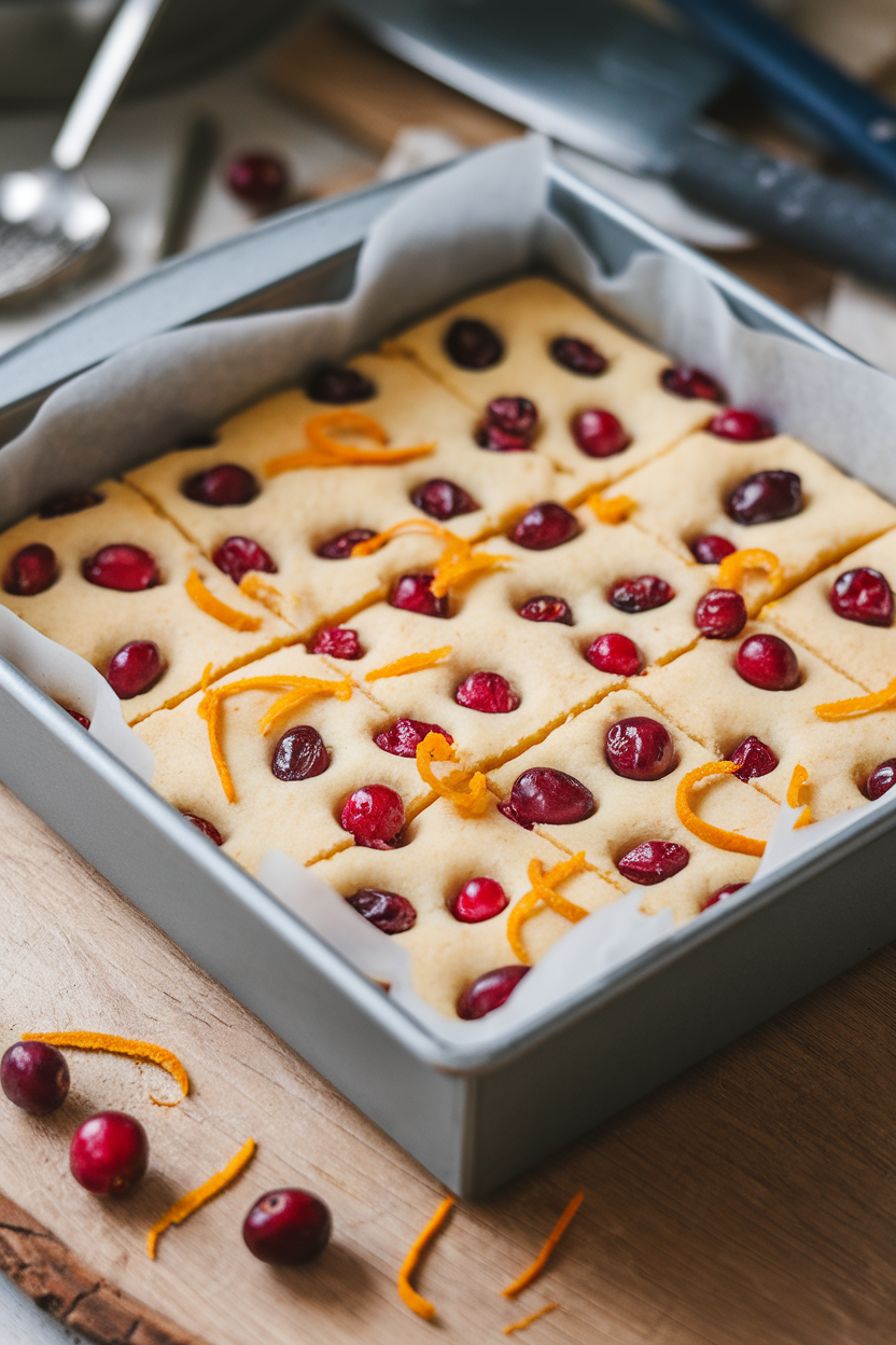 Indoor pan of shortbread bars dotted with cranberries and orange zest, cut into neat squares. Photo, no text or logos.