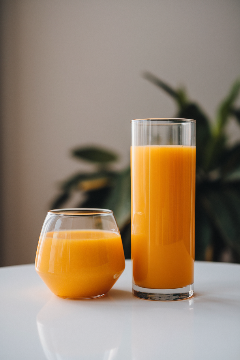 Two glasses indoors side by side—one short and wide, one tall and narrow—each containing the same volume of orange juice; perspective emphasizes the taller glass’s height. No logos present.