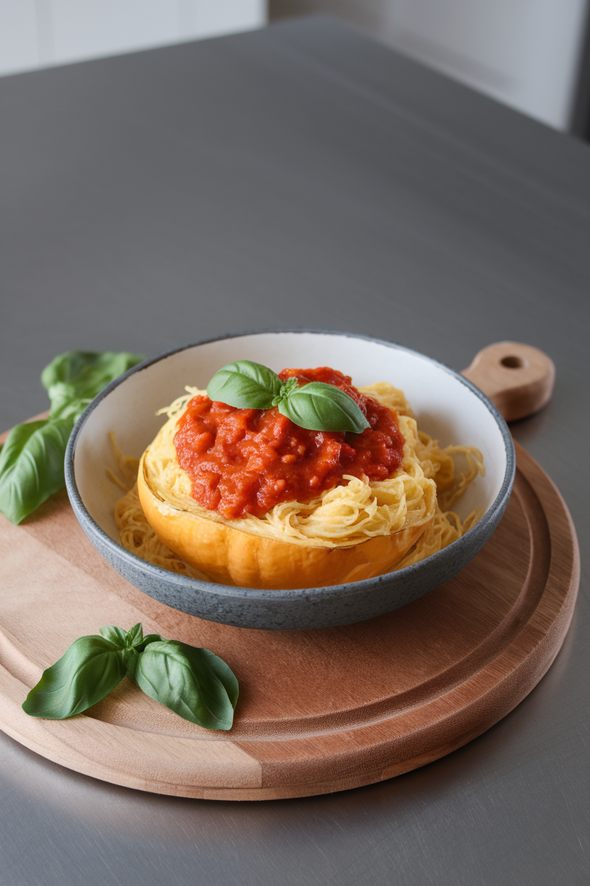 Indoor counter displaying strands of cooked spaghetti squash topped with chunky marinara sauce and basil. No text or logos.