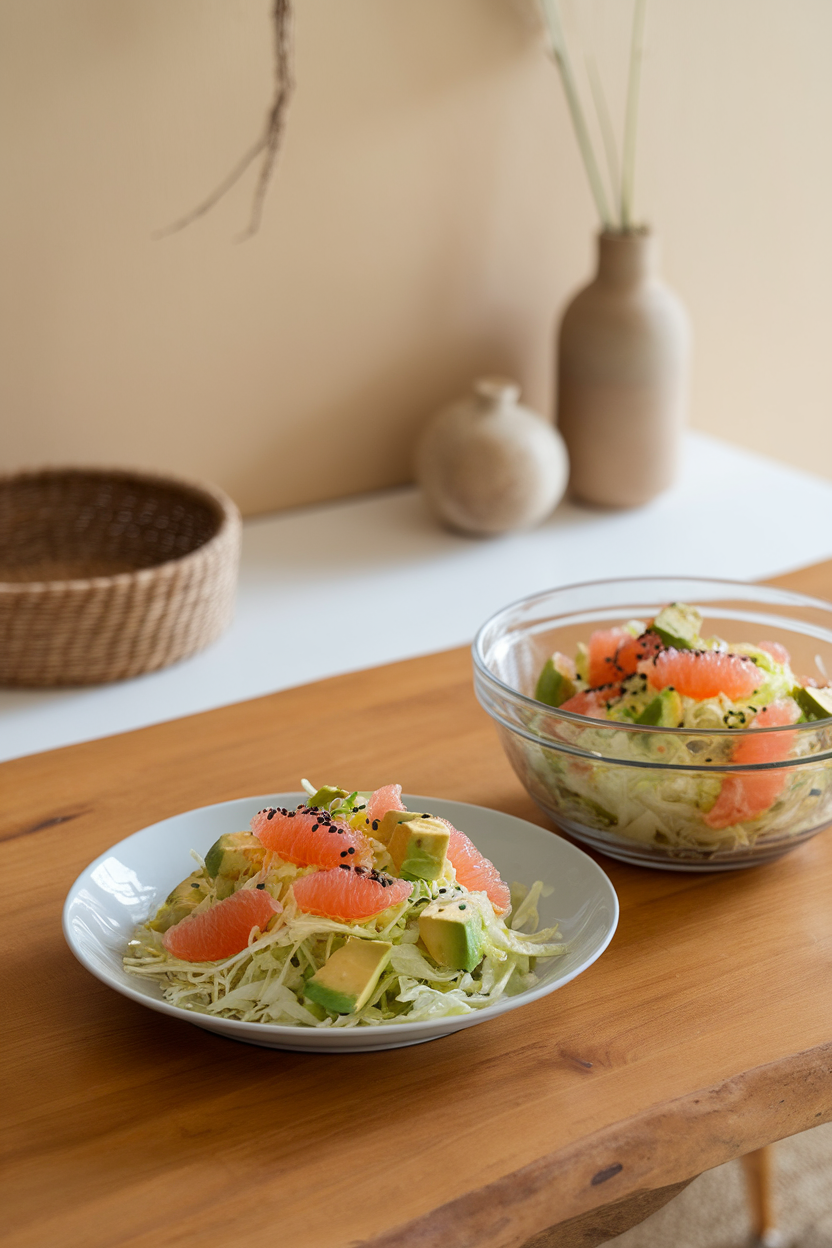 Photo of an indoor dining table featuring shredded napa cabbage, avocado cubes, white grapefruit segments, and sesame seeds in a bowl. No text or logos.