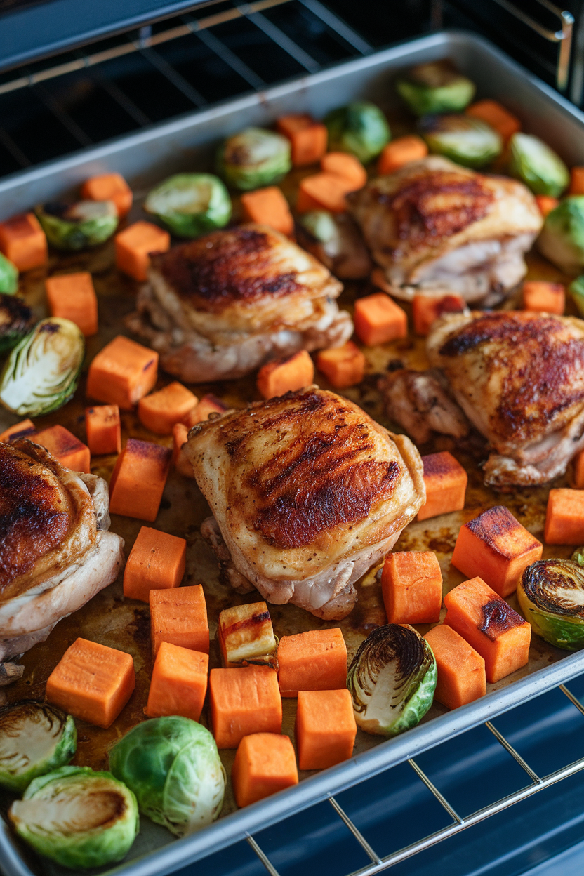 Indoor oven-door view of a sheet pan filled with roasted chicken thighs, sweet potato cubes, and halved Brussels sprouts, caramelized edges visible. No text or logos; photo.