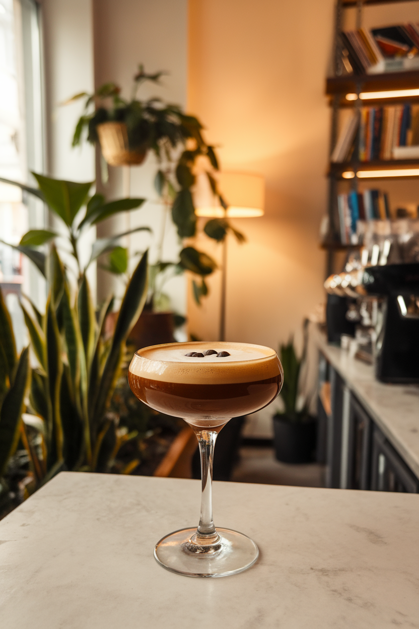 Indoor café-bar hybrid with a coupe glass of glossy espresso martini, thin crema layer, and three coffee beans on top. No text or logos; photograph, not illustration.