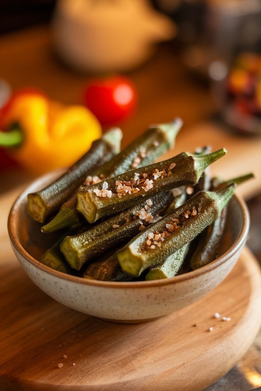Indoor bowl of roasted whole okra pods coated in smoked salt, no slime visible. Warm lighting, no text or logos.