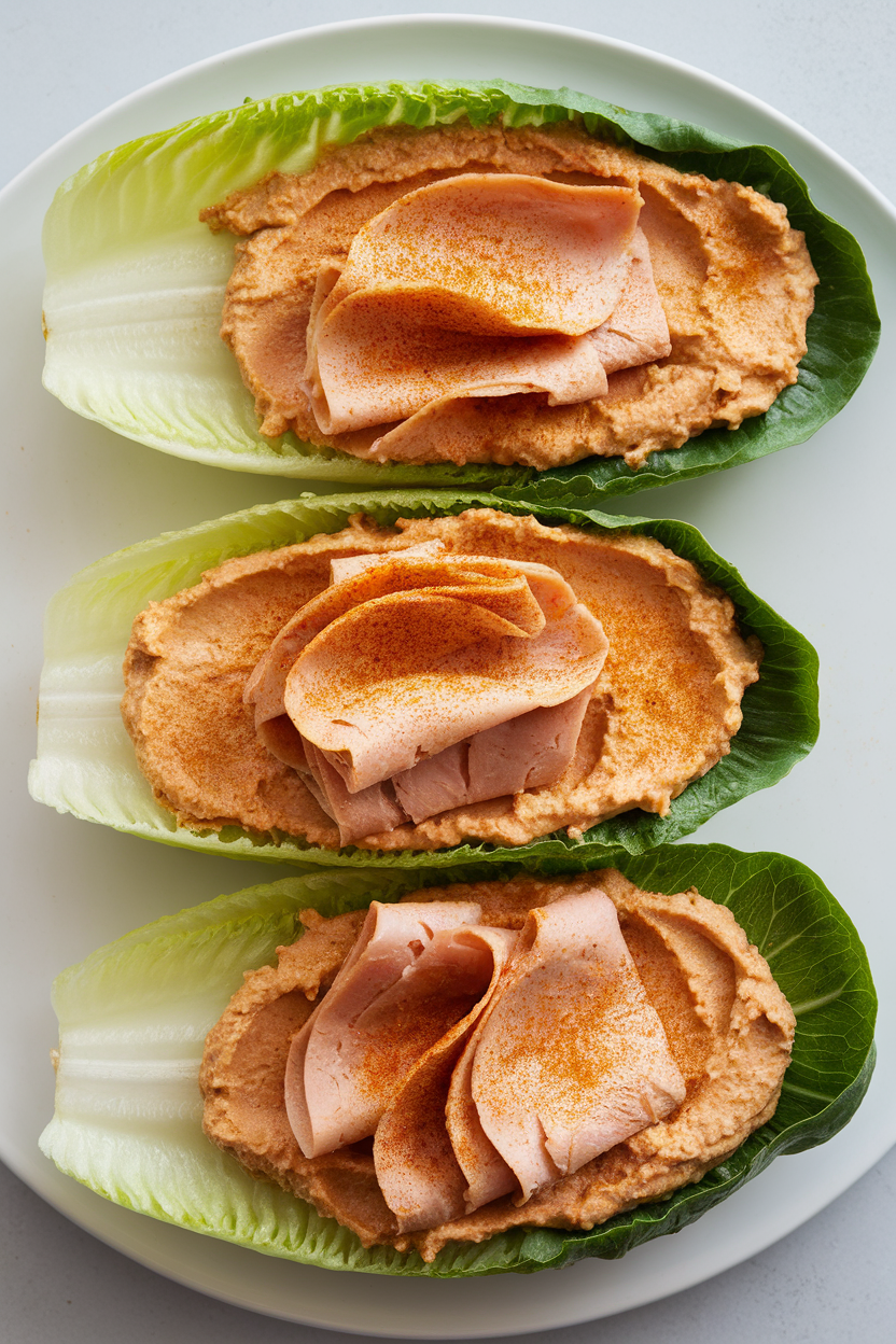 Three crisp romaine leaves on an indoor plate, each spread with hummus and folded slices of deli turkey, sprinkled with paprika. No text or logos.