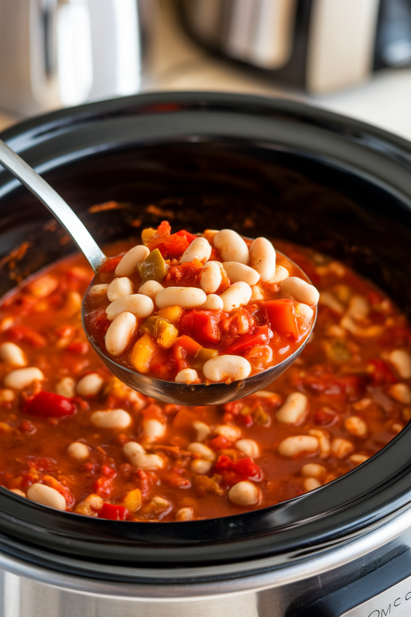 Indoor slow-cooker scene with a ladle lifting chunky turkey chili filled with white beans, tomatoes, and peppers. No logos or text; photo.