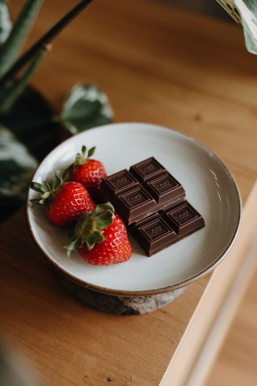 Photo of an indoor dessert plate holding two squares of dark chocolate and fresh strawberries, no text or logos.