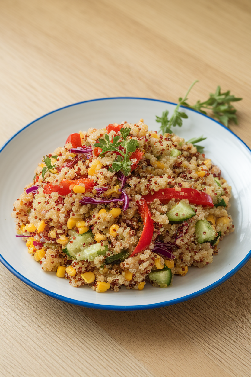 An indoor counter scene featuring a colorful quinoa salad with red bell pepper, shredded purple cabbage, diced cucumber, and yellow corn, lightly tossed in vinaigrette. No logos or text present.