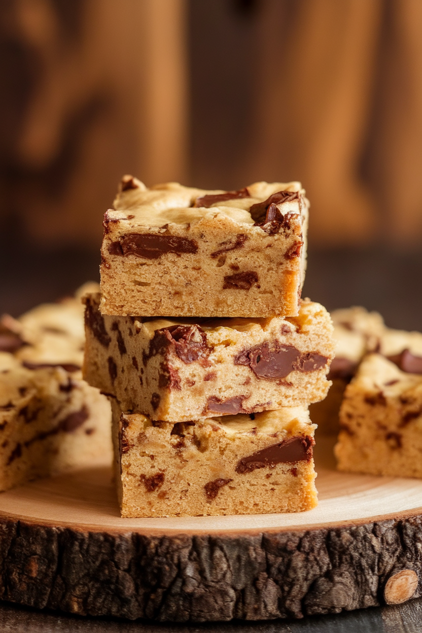 Indoor photo of blondies with visible browned butter specks and chocolate chunks, stacked three high, no text or logos
