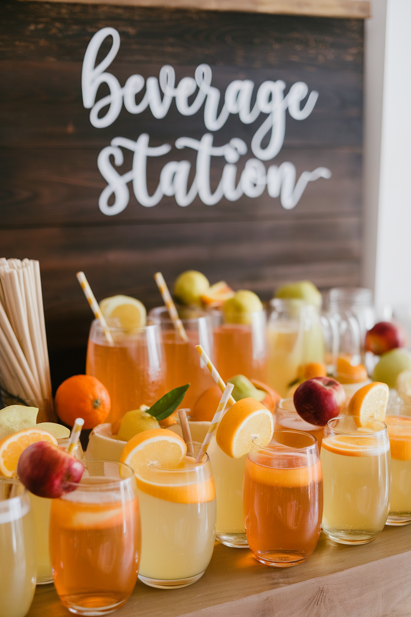 Indoor beverage station featuring stemless glasses of sparkling apple cider with colorful fruit garnishes and paper straws; no text or logos