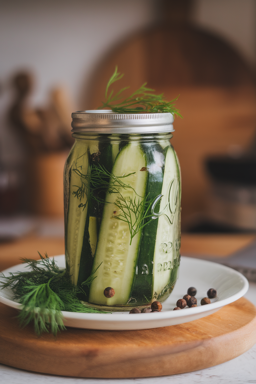 Mason jar indoors filled with cucumber spears, dill sprigs, and peppercorns, poured out onto a plate for serving. No logos.