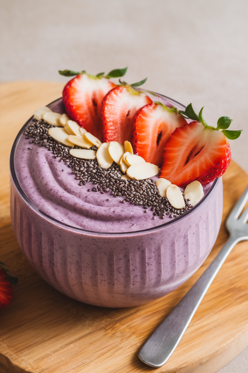 An indoor tabletop with a thick purple smoothie bowl topped with sliced strawberries, almond slivers, and chia seeds arranged artfully. No logos or text visible.