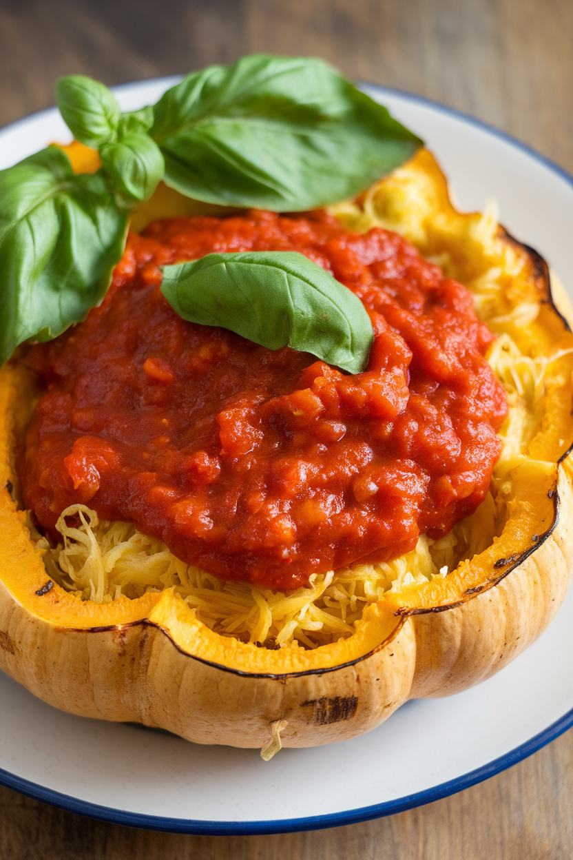 Photo of an indoor plate piled with roasted spaghetti squash strands topped with chunky marinara sauce and fresh basil. No logos or text.