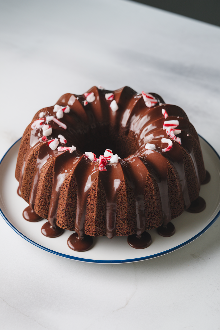 A Bundt cake indoors on a holiday plate, chocolate glaze cascading down ridges, crushed candy canes sprinkled on top. No text or logos.