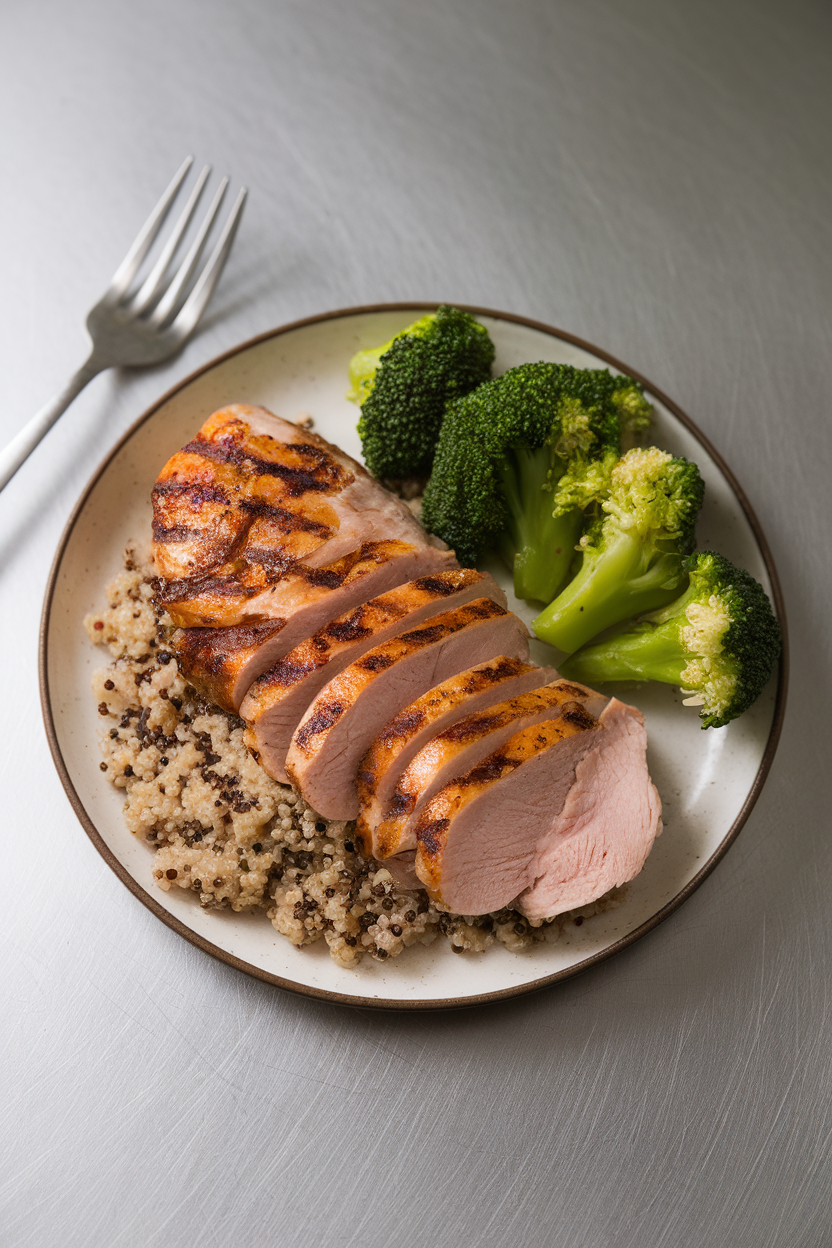 Indoor shot of a modest portion of grilled turkey breast, quinoa, and steamed broccoli on a simple plate, no text or logos. Photo.