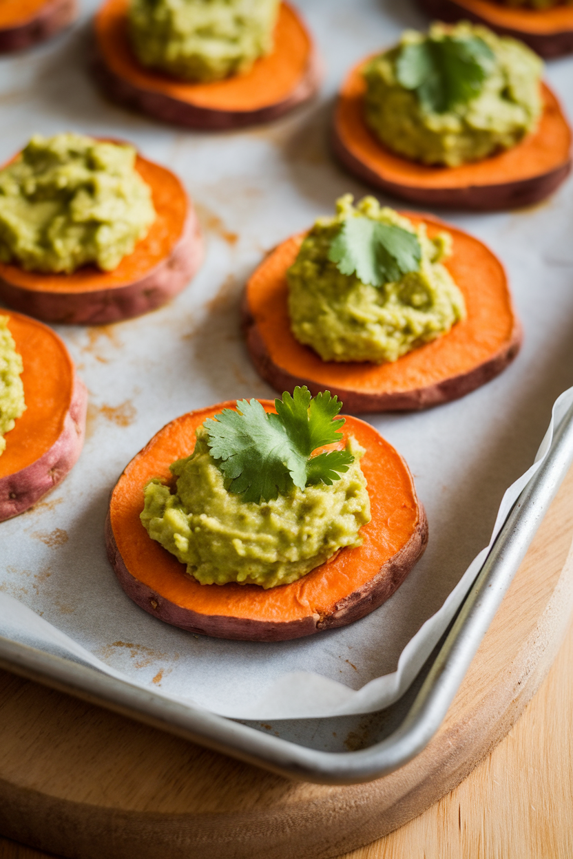 Indoor photo of roasted sweet-potato coins topped with a spoonful of chunky guacamole and a cilantro leaf, arranged on parchment-lined baking sheet. Soft kitchen lighting, no logos.