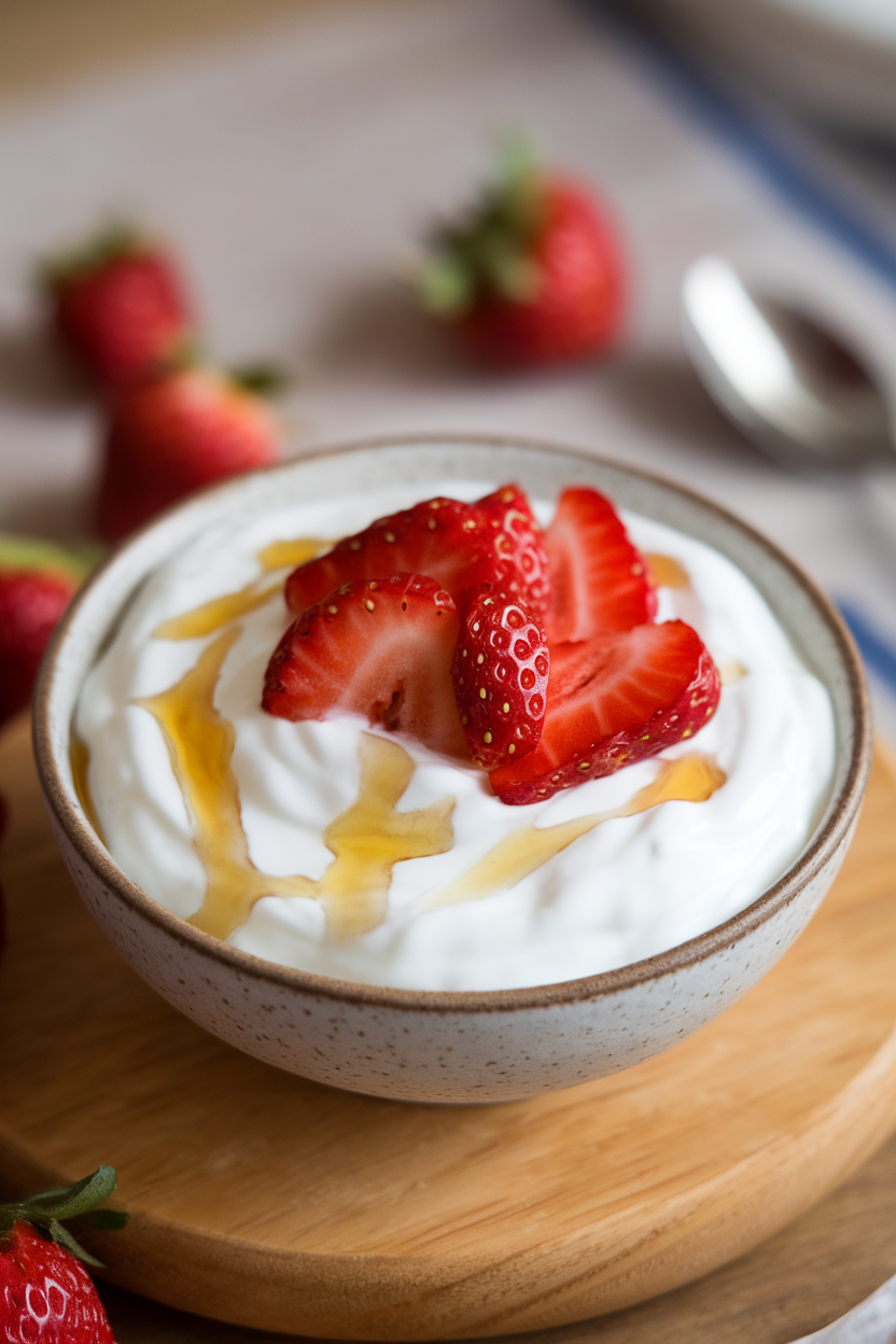 An indoor bowl of thick plain Greek yogurt drizzled with honey and topped with sliced strawberries, no text or logos.