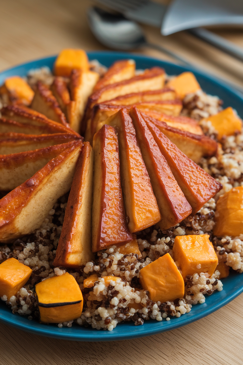 Indoor photo of glazed tofu triangles, quinoa, and cubed roasted butternut squash on a plate. No text or logos.