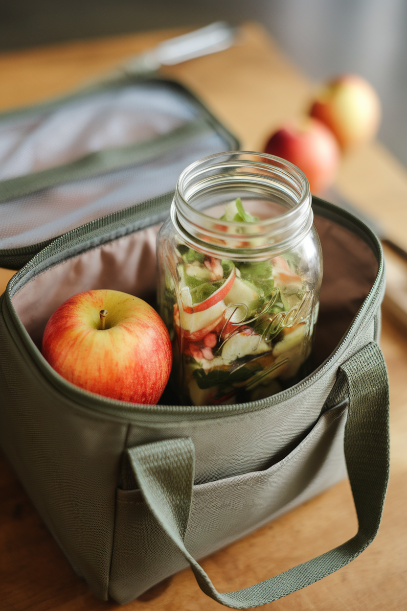 Photo of an indoor insulated lunch bag holding a mason-jar salad and a crisp apple, no text or logos visible.