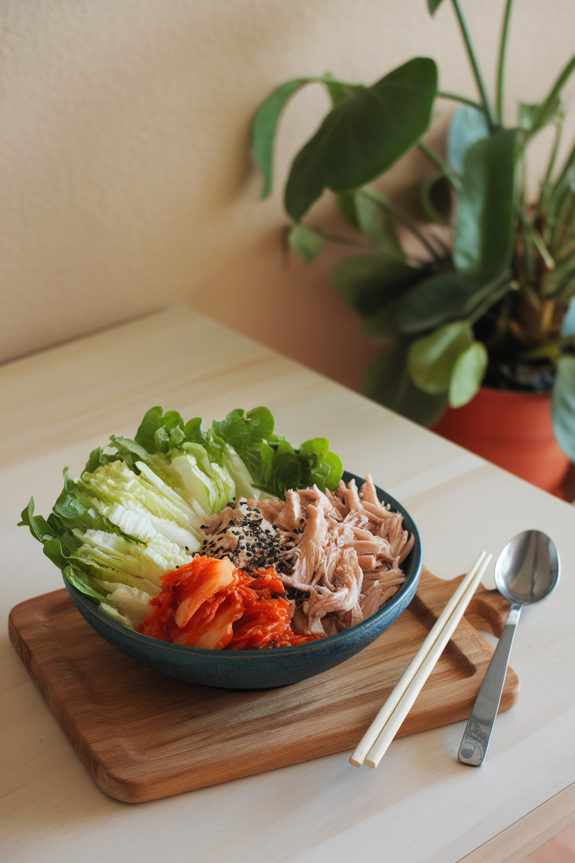 Indoor kitchen table showing a bowl of chopped romaine, shredded chicken, kimchi, and sesame seeds — photo, no logos