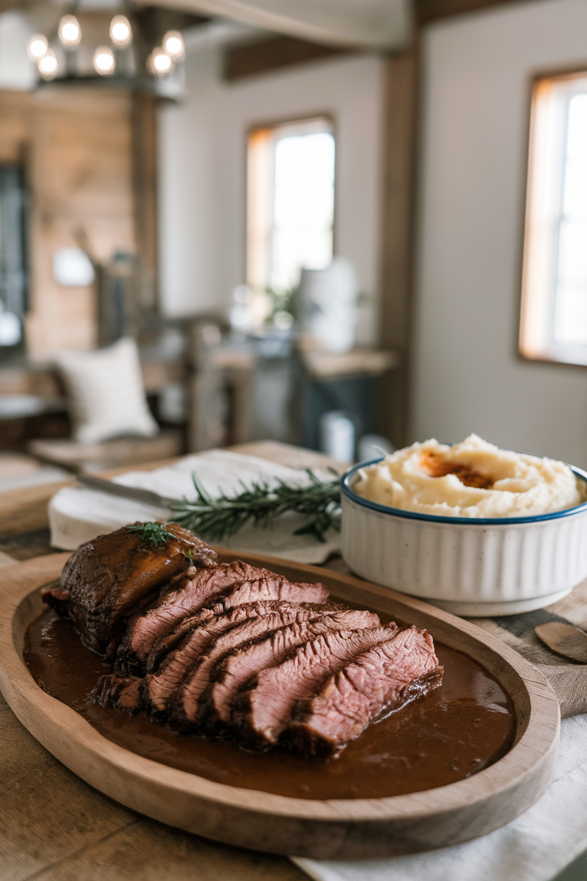 A farmhouse-style indoor table with sliced brisket in rich gravy, mashed potatoes alongside, photo, no text or logos.