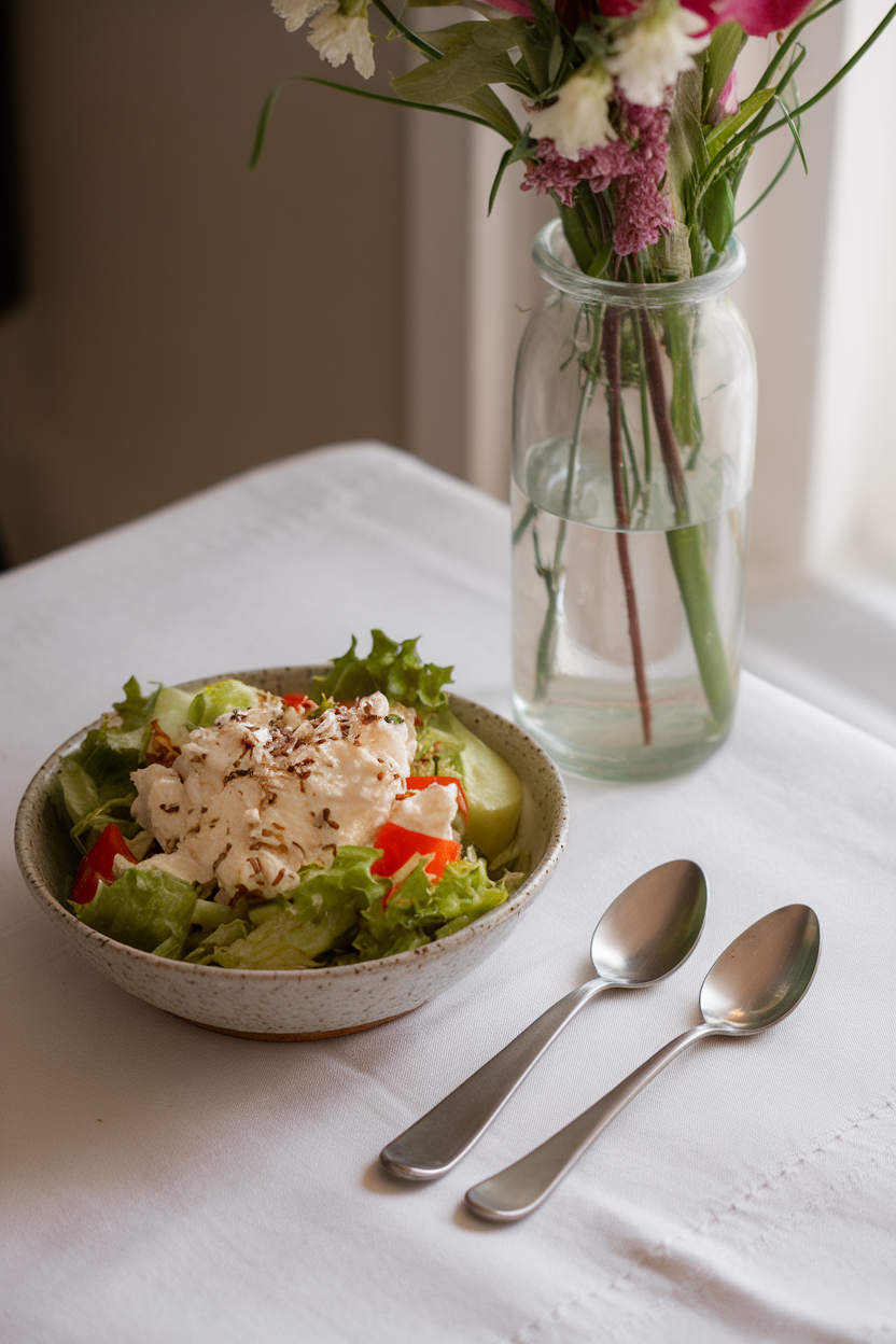 A salad eaten with a teaspoon beside a standard tablespoon on an indoor table for comparison, gentle light, no logos.