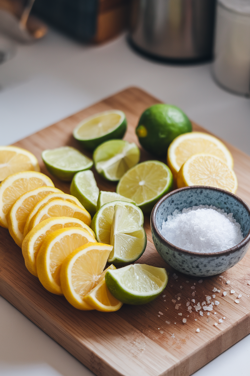 A cutting board indoors with sliced lemons and limes next to a small bowl of coarse salt—photo, no logos.