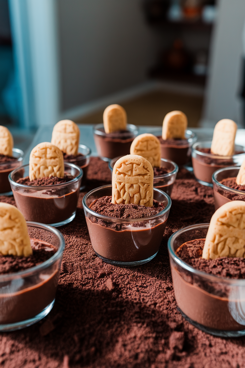 Small glass cups of chocolate pudding topped with crushed cookies “dirt” and cookie tombstones, indoor lighting, no text or logos.