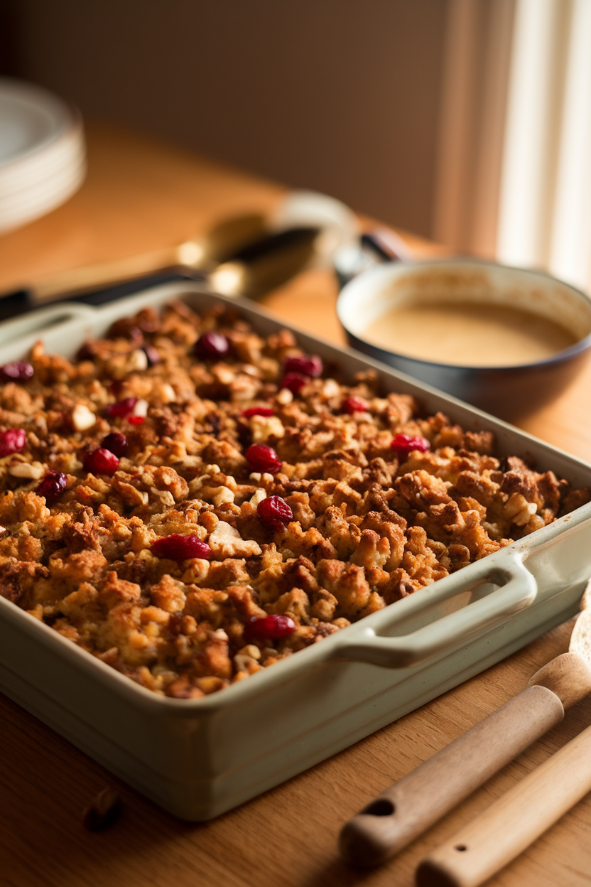 A casserole dish of browned whole-grain stuffing dotted with cranberries and walnut pieces on a wooden table indoors. No text or logos.