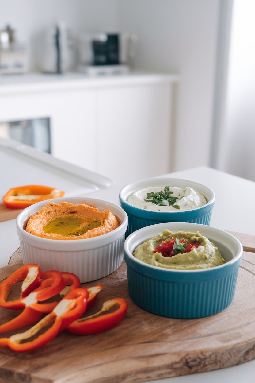 Photo of three ramekins indoors containing hummus, tzatziki, and guacamole beside sliced bell peppers. Bright kitchen lighting, no text or logos.