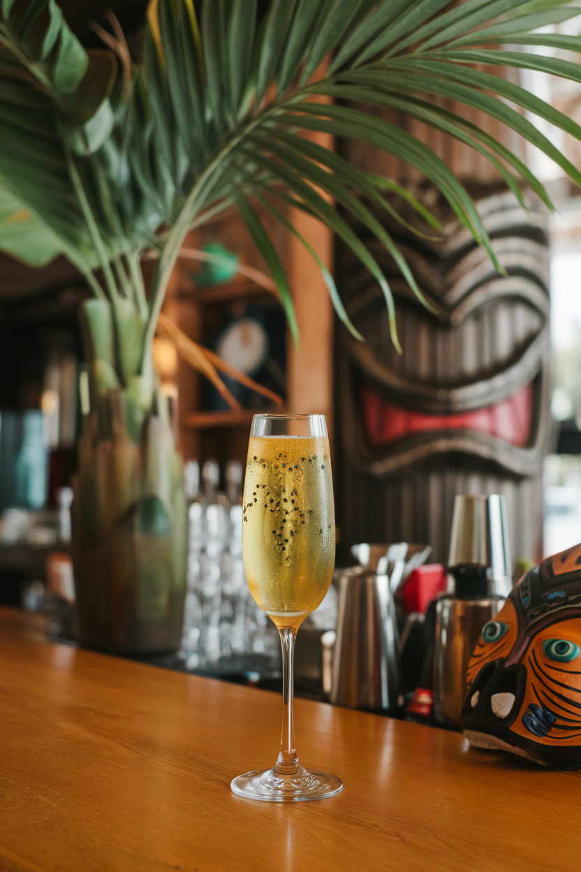 An indoor tiki-style bar scene with a flute of golden passion-fruit Champagne, tiny black seeds visible. Photo, not illustration. No text or logos.