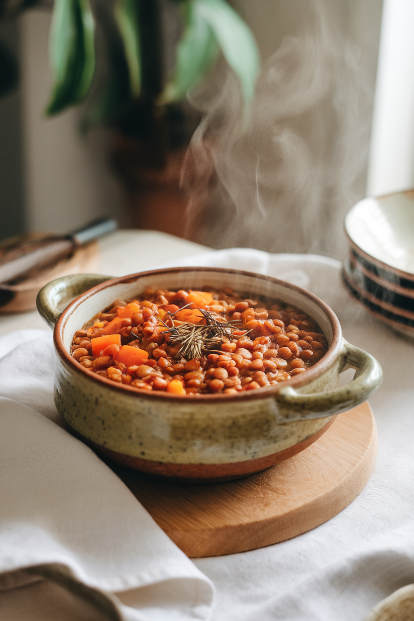Photo prompt: An indoor dining table with a hearty lentil and vegetable stew served in a ceramic bowl, steam rising, no text or logos.