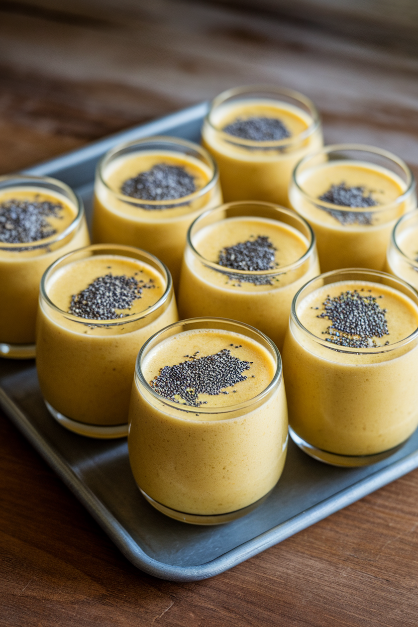An indoor tray holding several small glasses of golden pear-turmeric smoothie, surface sprinkled with chia seeds—no text or logos; photo, not illustration