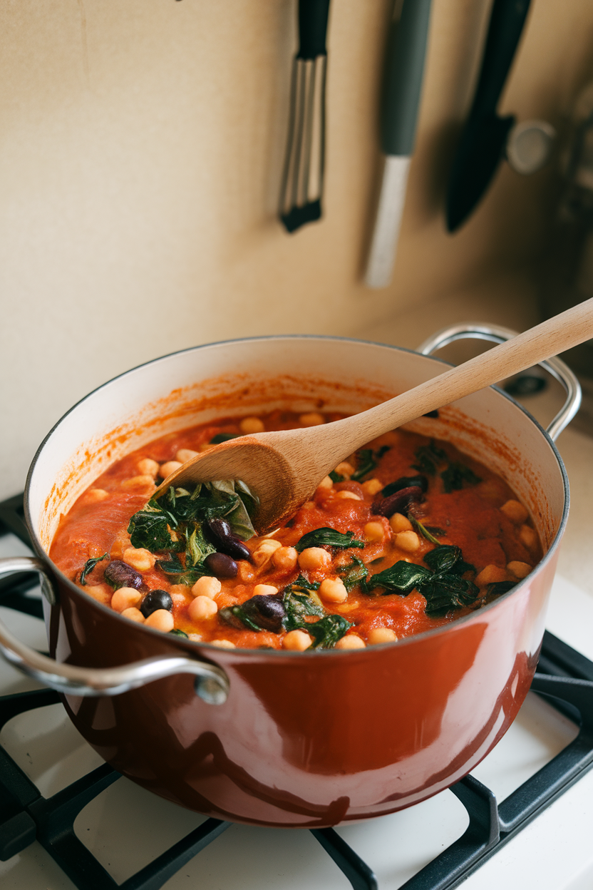 Indoor stovetop pot of tomato-based chickpea stew with spinach, olives, and herbs, ladle resting inside. No logos or text; photo only.