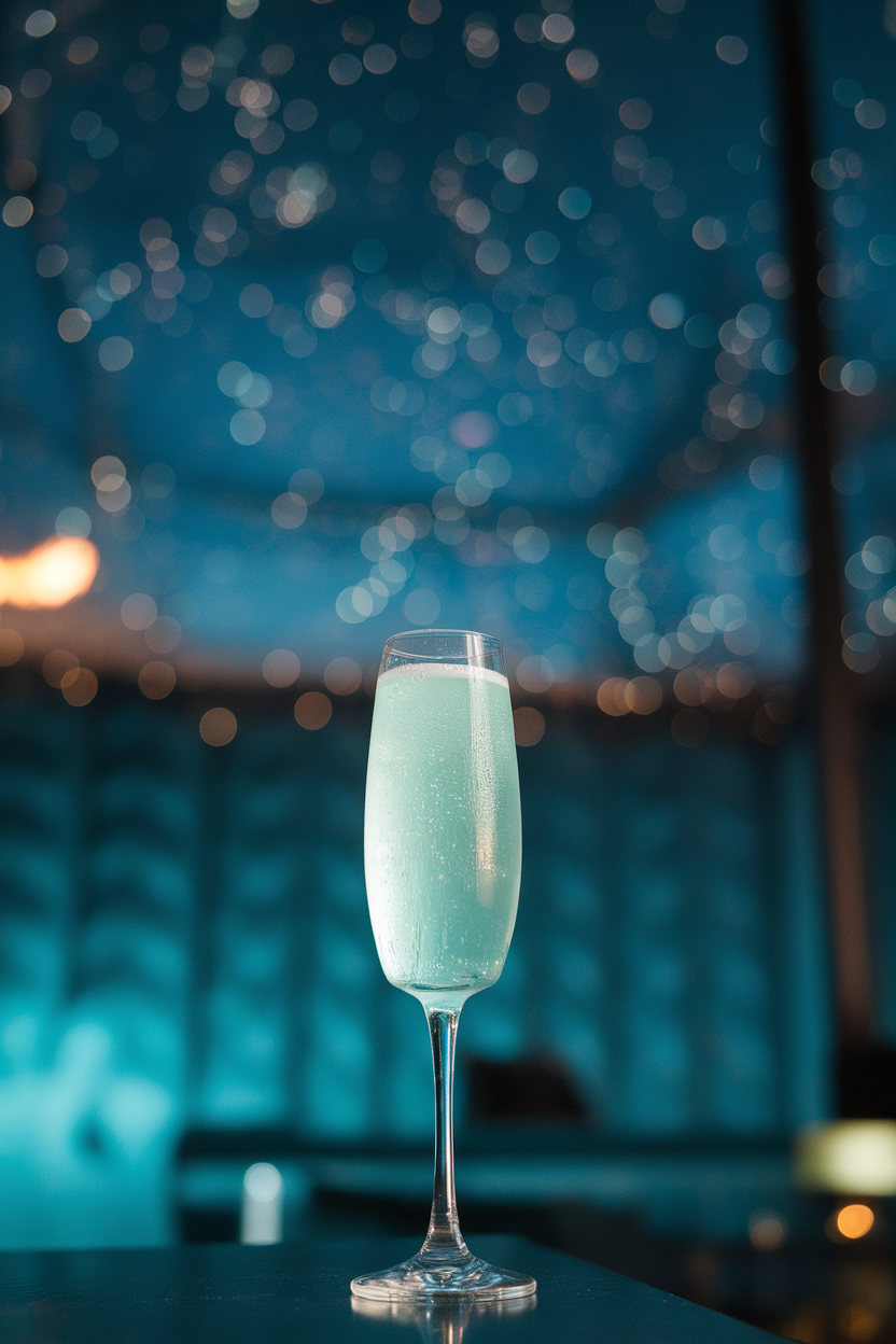 An indoor nightclub scene featuring a flute filled with pale aqua Champagne cocktail, starry background bokeh. Photo, not illustration. No text or logos.