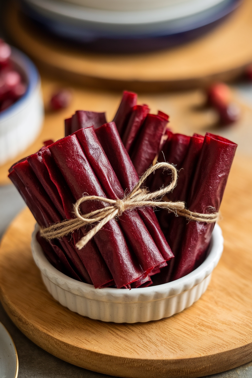 An indoor dehydrator tray or parchment sheet covered with rolled cranberry apple fruit leather strips tied with twine, arranged in a small dish. Photo, no text or logos.