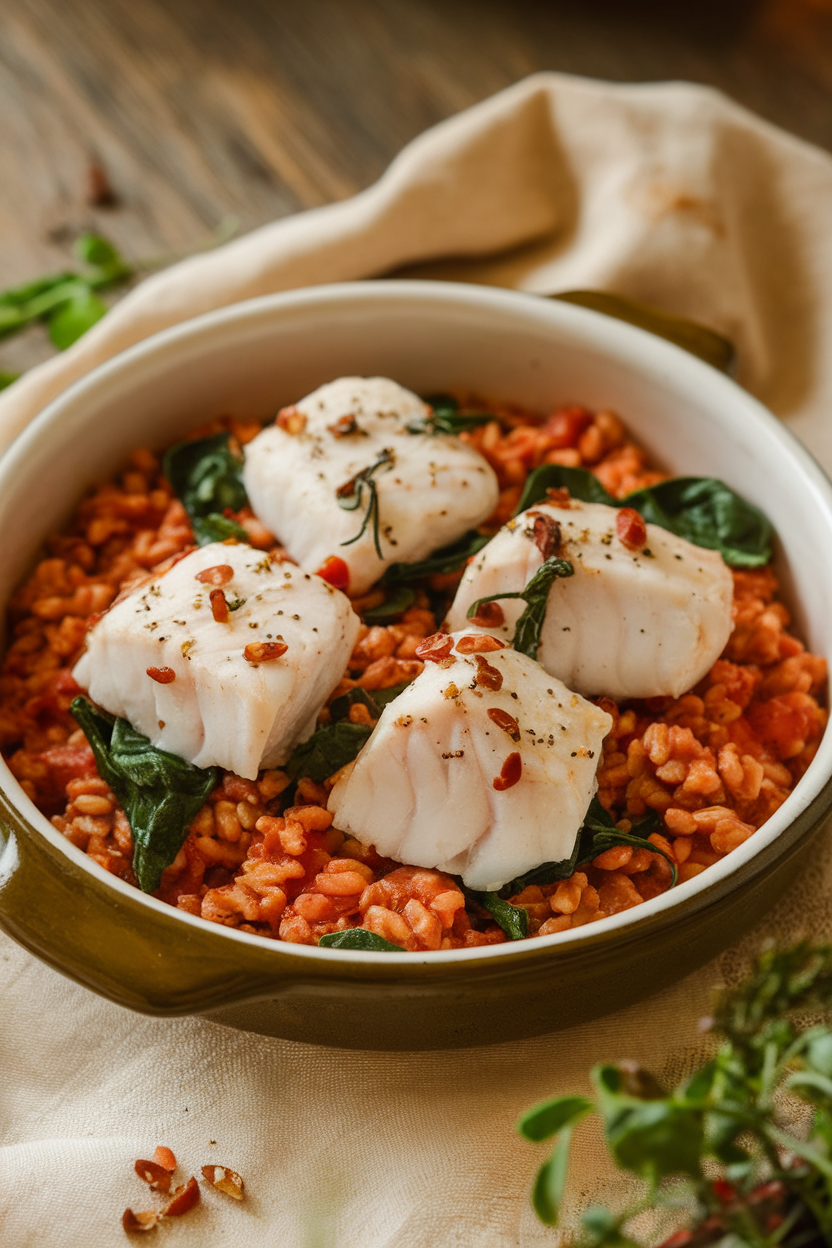 Warm indoor photo of a ceramic dish showcasing tender white fish pieces over tomato farro, speckled with Calabrian chili flakes and spinach. No text or logos.