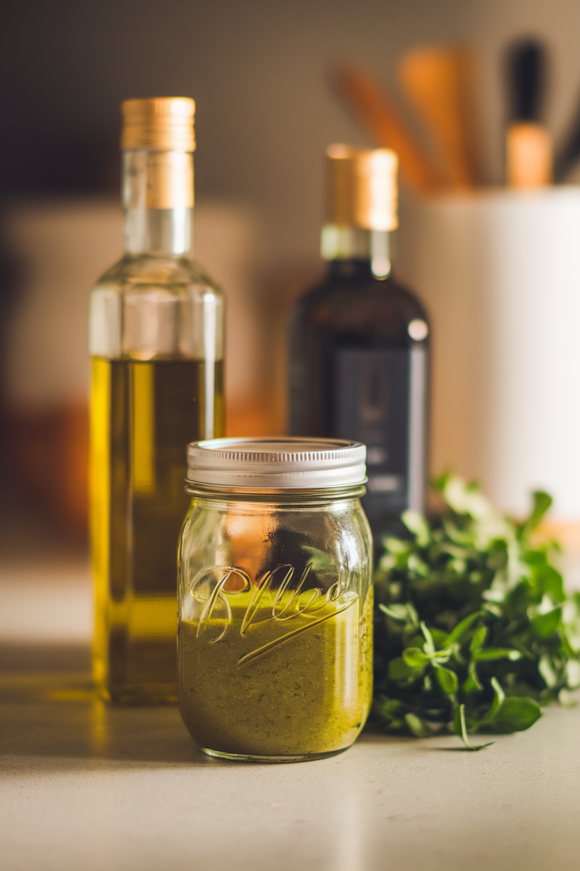 A mason jar of homemade vinaigrette beside olive oil, vinegar, and herbs on a countertop, indoor warm light, photo, no text or logos
