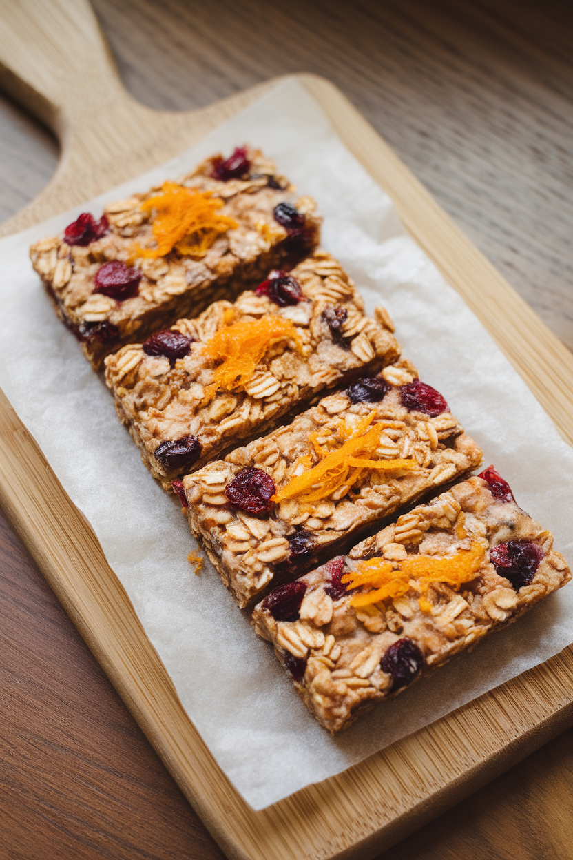 An indoor cutting board with rectangular cranberry orange granola bars, parchment paper wrappers folded back, zest of orange visible on top. Photo, no text or logos.
