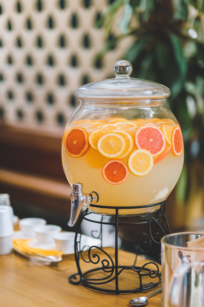 Indoor photo of a large glass drink dispenser containing orange, lemon, and grapefruit slices floating in pale yellow punch. No text or logos.